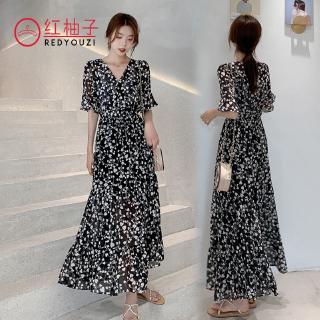 Đầm Chiffon Dáng Dài Cổ Chữ V In Họa Tiết Hoa Màu Đen Phong Cách Hàn Quốc Thời Trang Xuân Hè Cho Nữ