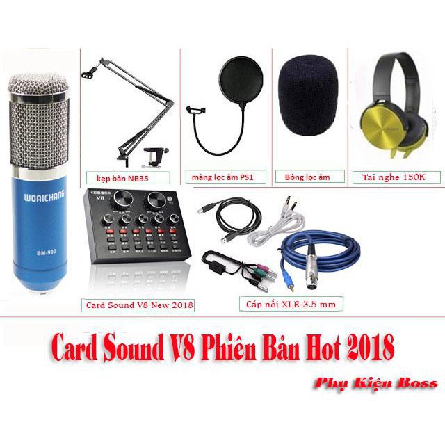 {Sốc giá}Combo bộ mic thu âm V8 (bản quốc tế)+Mic BM900+Chân kẹp+màng lọc+dây live 3 đầu (Tặng kèm tai nghe CAO CẤP)