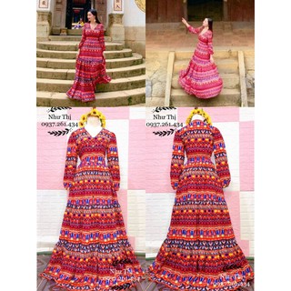 (miễn phí chỉnh váy) maxi thổ cẩm tay dài váy nối tầng đi du lịch sa mạc đa lạt