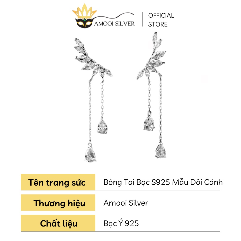 Bông Tai Bạc S925 Khuyên Vành Tai Mẫu Đôi Cánh Đính Đá Tua Rua - Amooi Silver AB74