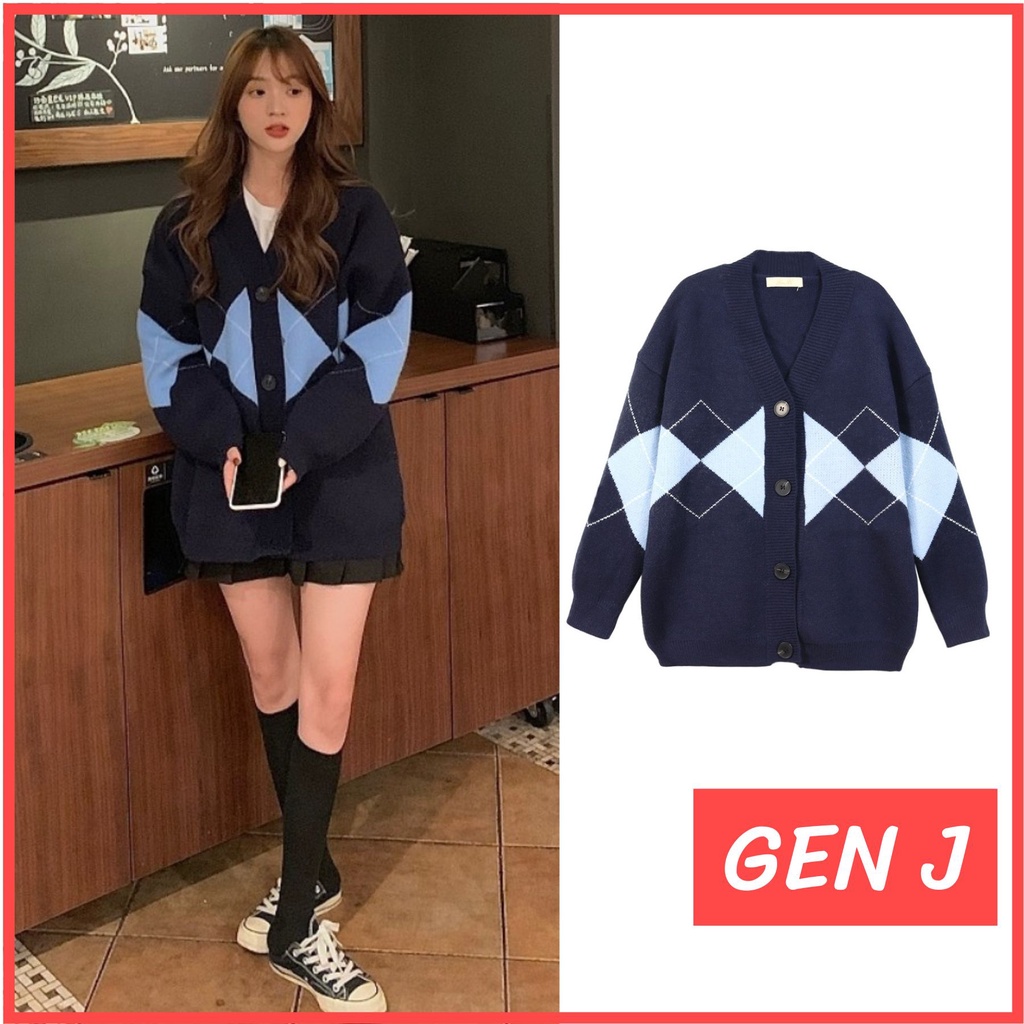 Áo khoác Cardigan len thổ cẩm xanh than phối kim cương dáng rộng - Gen J