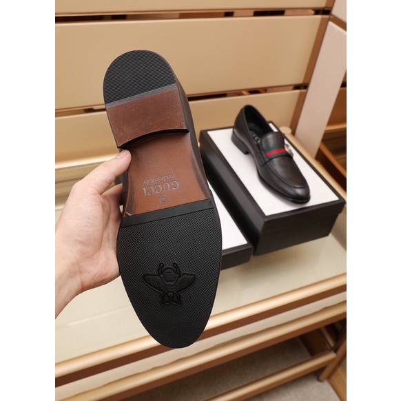 Giày tây lười công sở cho nam logo thương hiệu Gucci GG/GC da thật cao cấp màu đen trơn lịch lãm