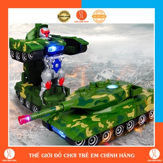 Đồ chơi xe tăng biến hình robot tự động chạy pin, có đèn và nhạc vui nhộn