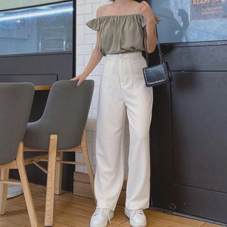 Áo croptop bo thun và quần suông dài túi mổ