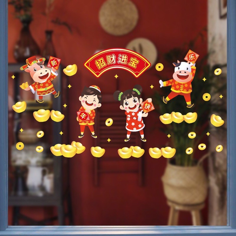 Decal dán tường tết HÍT TĨNH ĐIỆN 4 nhân vật nhỏ Chúc Mừng Năm mới