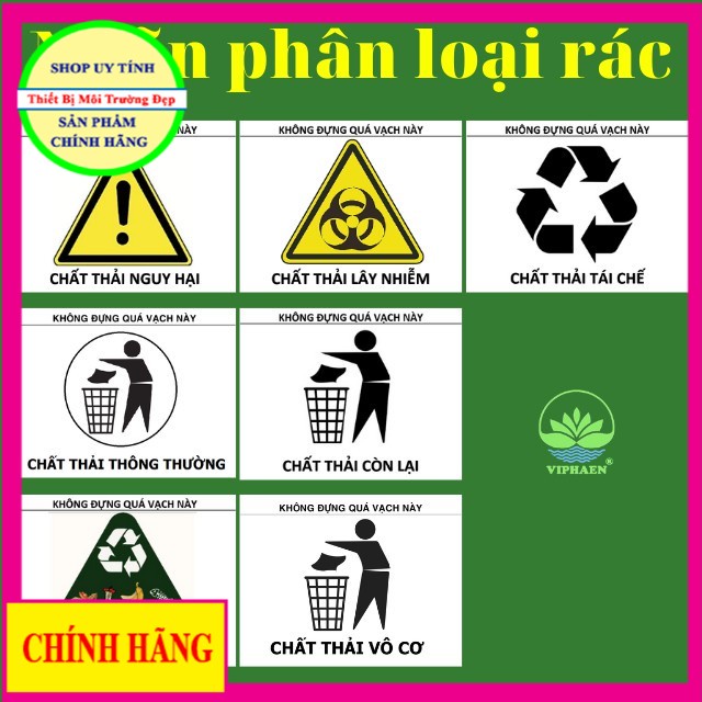 Nhãn phân loại rác theo quy định, biểu tượng cảnh báo, logo phân loại chất thải
