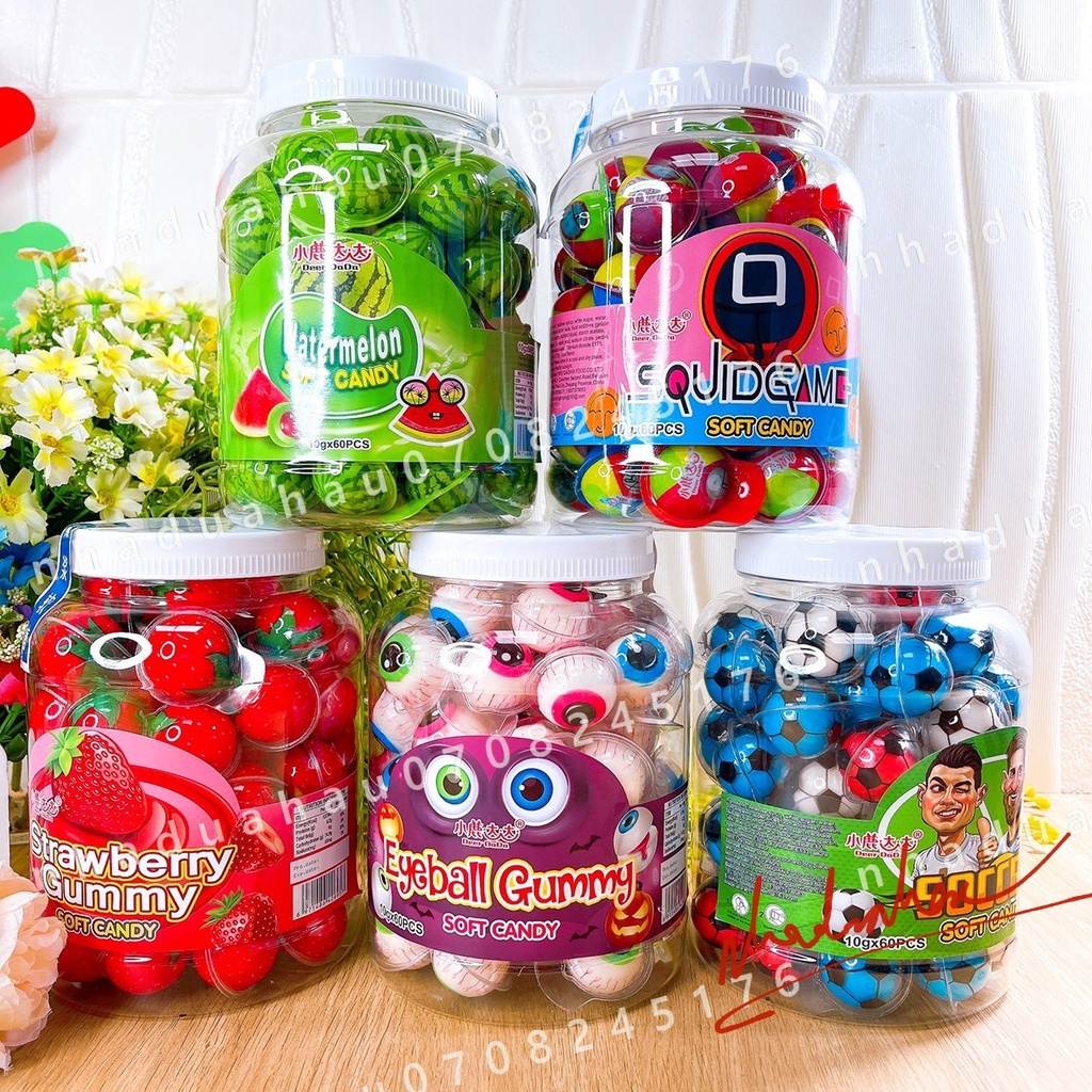 Combo 5 viên kẹo dẻo CÓ NHÂN VIÊN NHỎ trái cây hình con mắt/dưa hấu/trái banh/dâu tây/squidgame Hongkong viên nhỏ 10gam