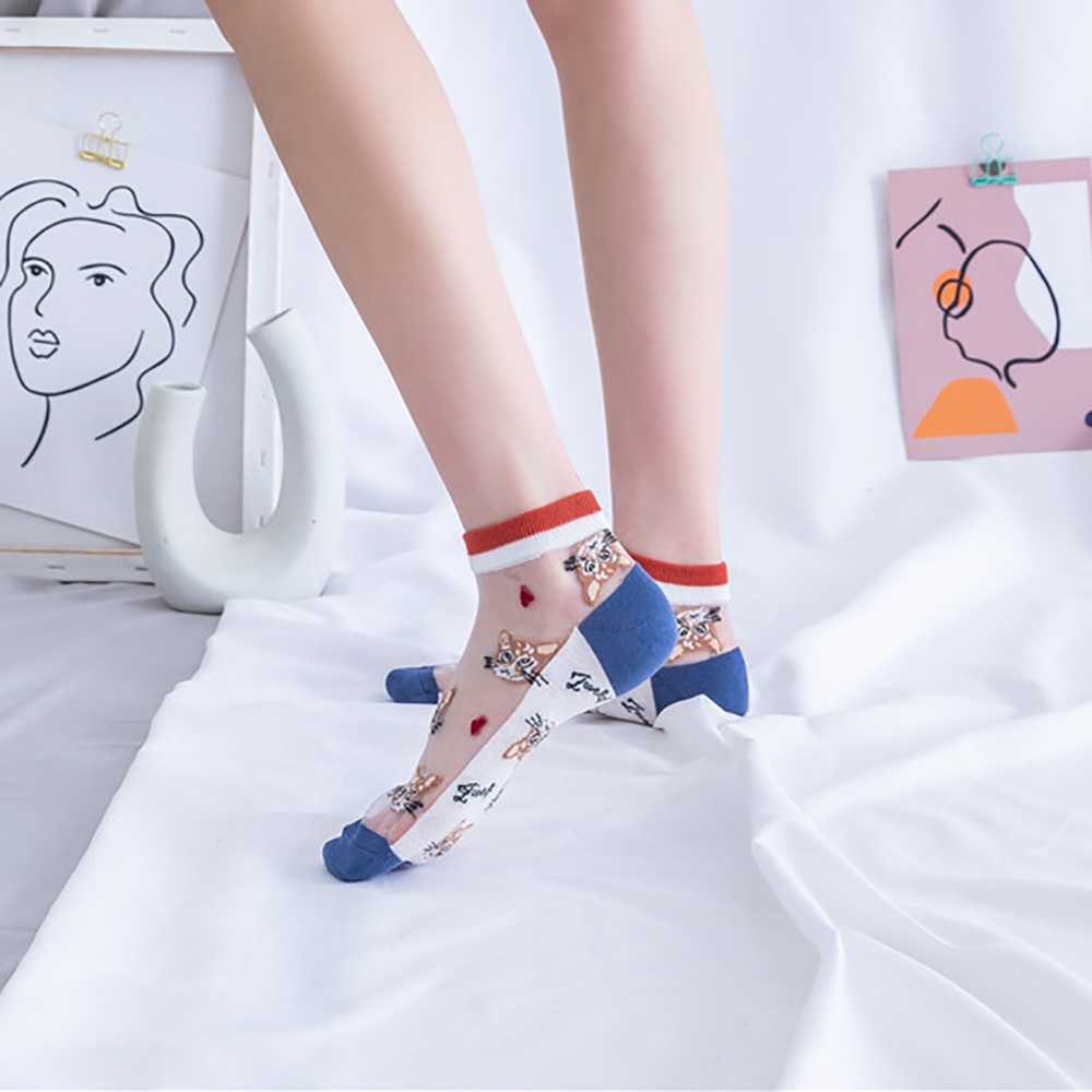 Vớ cotton cổ thuyền mỏng trong suốt in hình mèo hoạt hình thoải mái thời trang cho nữ