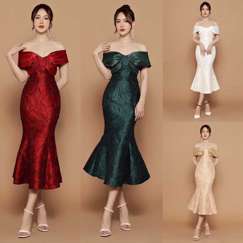 [ Ảnh Thât- Shop Đầm Đẹp Dự Tiệc] Đầm Gấm Body Đuôi Cá Trễ Vai, Váy Đầm Dự Tiệc Cao Cấp