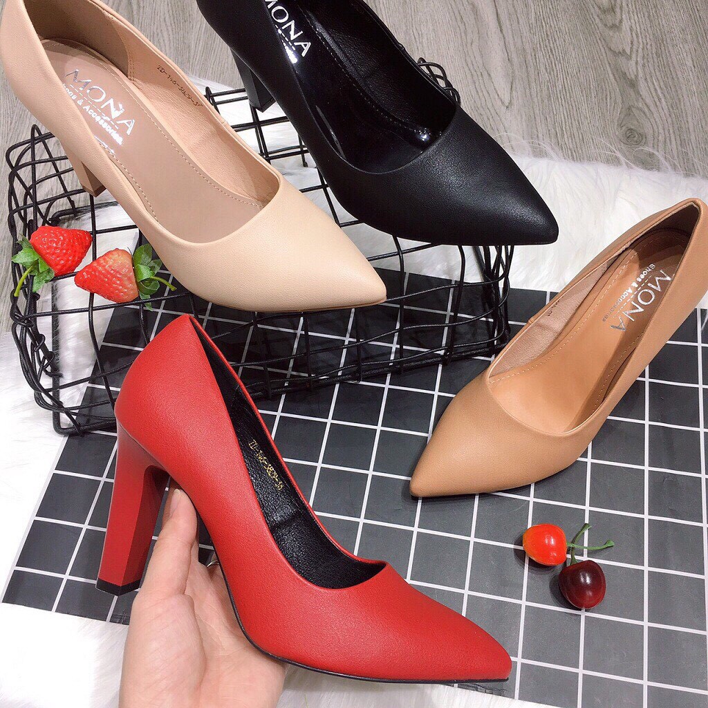 Giày cao gót MONA da thật đế trụ 9cm D666