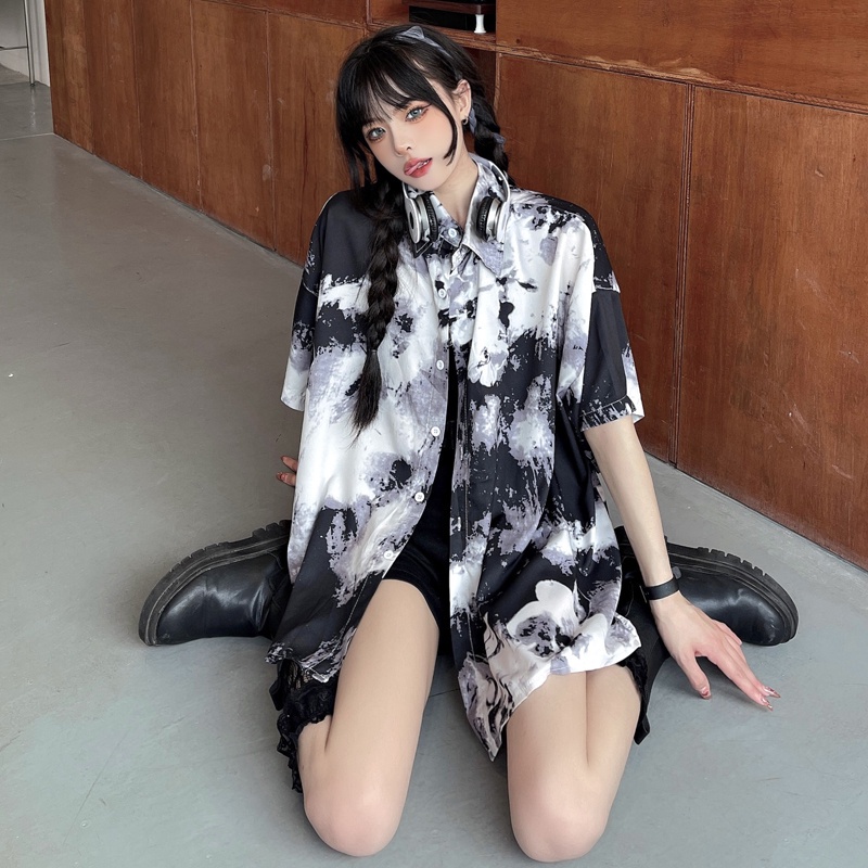 Áo sơ mi tay ngắn dáng rộng màu nhuộm thời trang hàn quốc cổ điển cho nữ