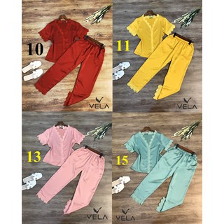 Bộ đồ ngủ quần dài phối Ren Cổ Tim lụa Satin VELA