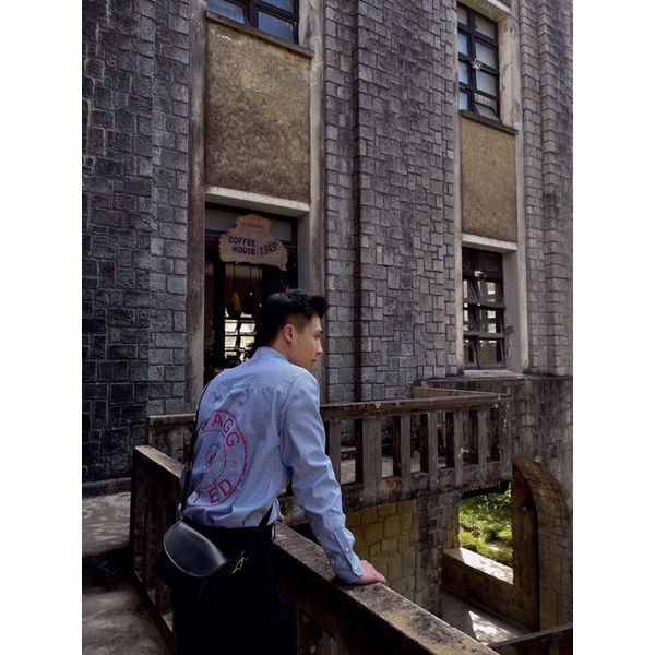 Sơ mi nam sọc kẻ xanh logo WAGG