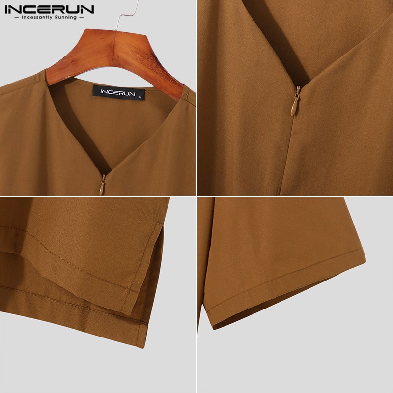 Áo INCERUN cổ chữ v dáng rộng có khóa kéo thời trang cho nam