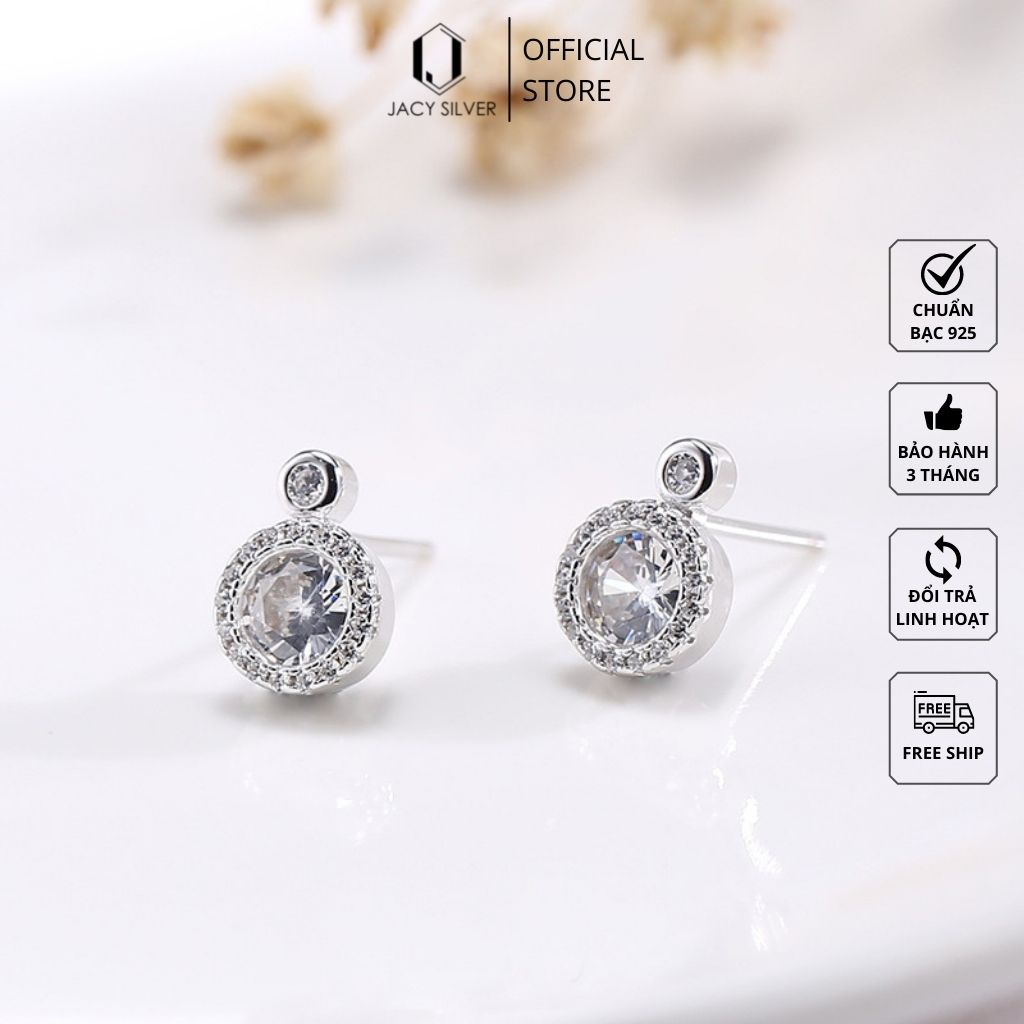 Khuyên Tai Bạc 925 Tròn Đính Đá Thiết Kế Tinh Tế, Bông Tai Bạc Ý Cho Nữ Jacy Silver KT1016