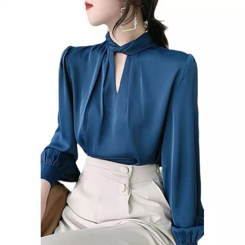Áo sơ mi lụa tay bồng dài tay cổ xoắn - áo sơ mi công sở nữ 109