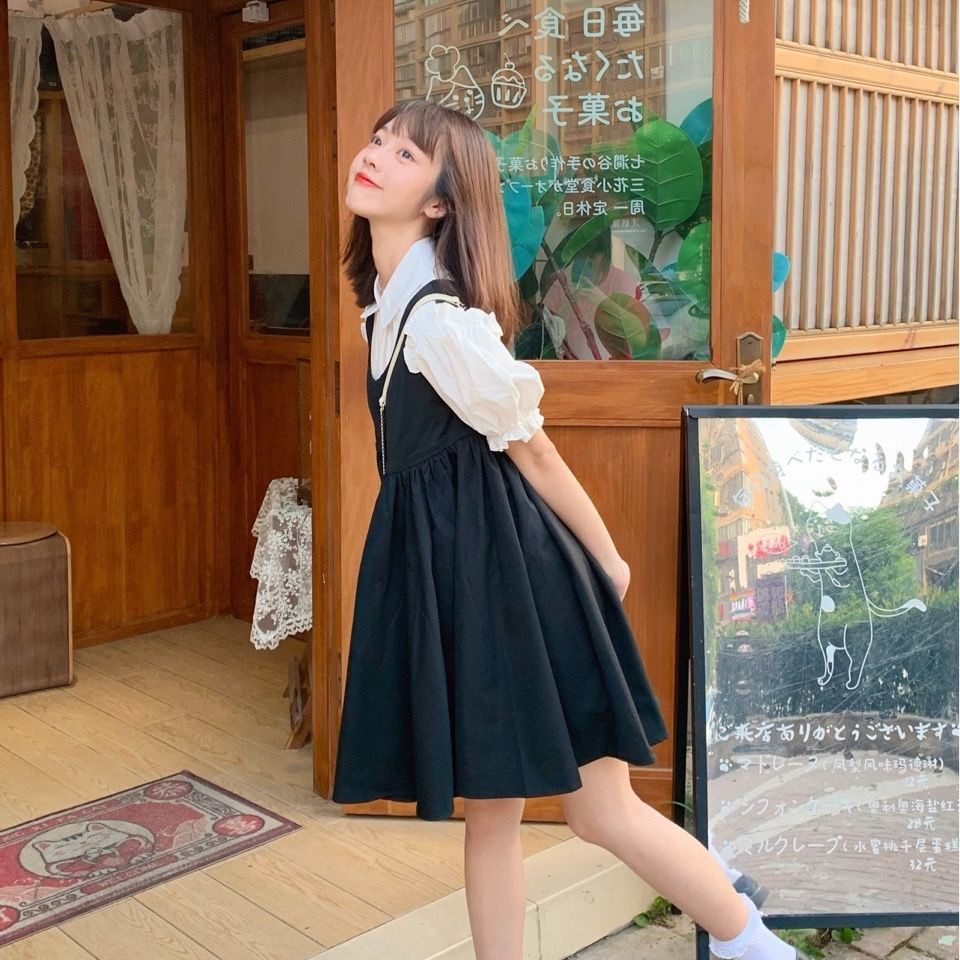 Set Áo Sơ Mi Tay Phồng Cổ Búp Bê + Đầm Không Tay Xinh Xắn Thời Trang Cho Bé Gái