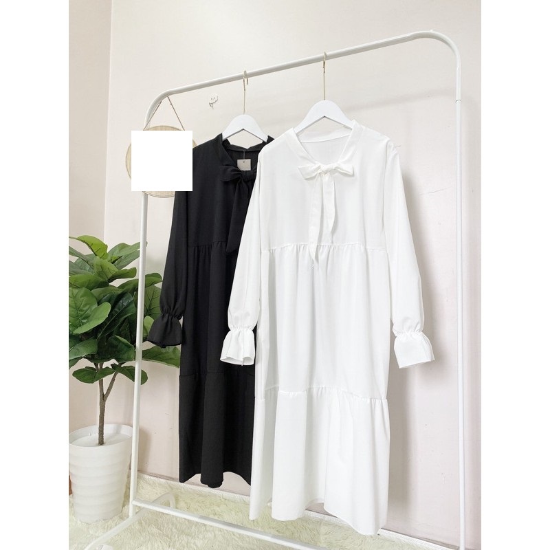 V028 Váy nữ cổ nơ dáng dài qua gối trắng đen tay bèo Đầm  babydoll BBD dài tay 2 tâng dáng xòe tiểu thư công chúa cute