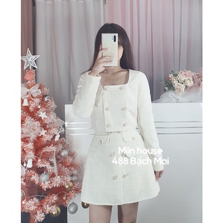 Set váy dạ tweed nhũ 12 khuy trai