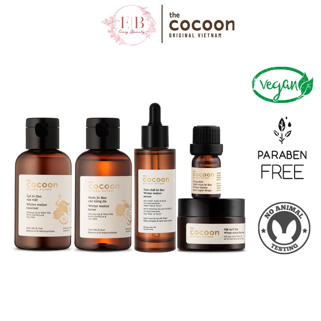 Bộ Bí Đao Cho Da Mụn Cocoon: Gel Rửa Mặt + Toner Cân Bằng Da + Tinh Chất  + Mặt nạ + Chấm mụn