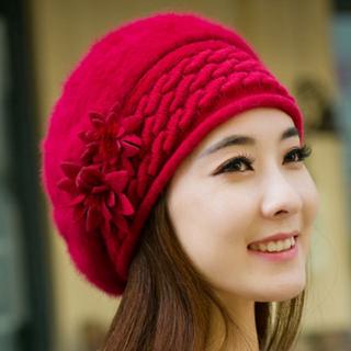 Mũ Len Dệt Kim 5 Màu Dày Cộng Với Nhung Nữ Trang Trí Hai Bông Hoa