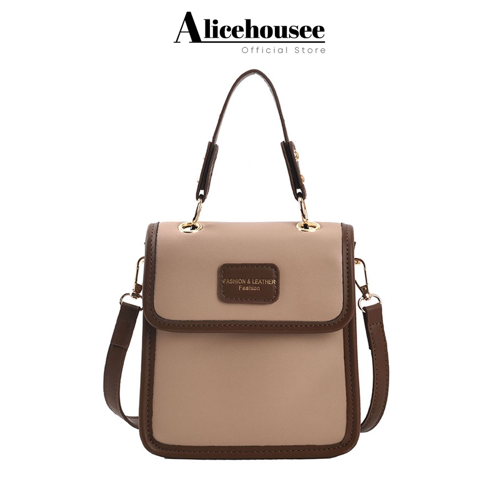 Túi đeo chéo nữ da trơn dáng hộp phong cách retro Alice Housee, túi đeo vai vintage dày bền