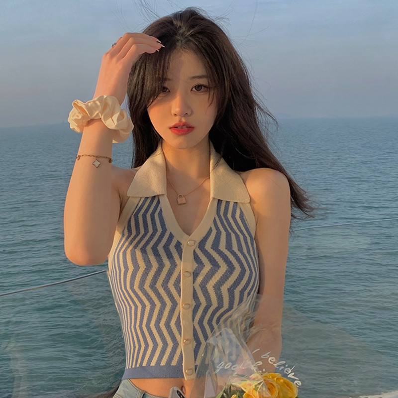 Áo Yếm Dệt Kim Cổ Chữ V Kẻ Sọc Màu Tương Phản Kiểu Dáng Quyến Rũ Cho NữCrop Tops