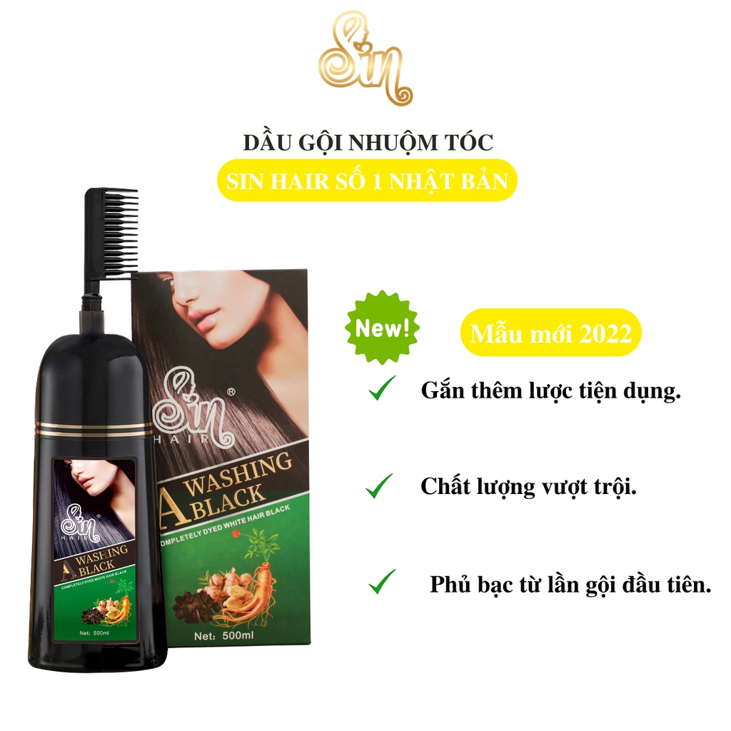 Dầu gội phủ bạc sin hair màu đen không hoá chất, phủ bạc ngay lần đầu tiên chai 500ml