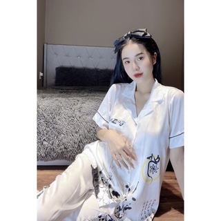 Set đồ ngủ in hoa sen thiết kế QC chất latin lụa mềm mịn mát
