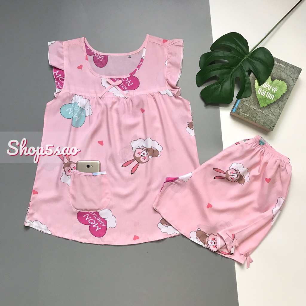 Đồ bộ lanh (tole) mặc nhà nữ SHOP5SAO quần đùi áo cánh tiên (56-70kg)