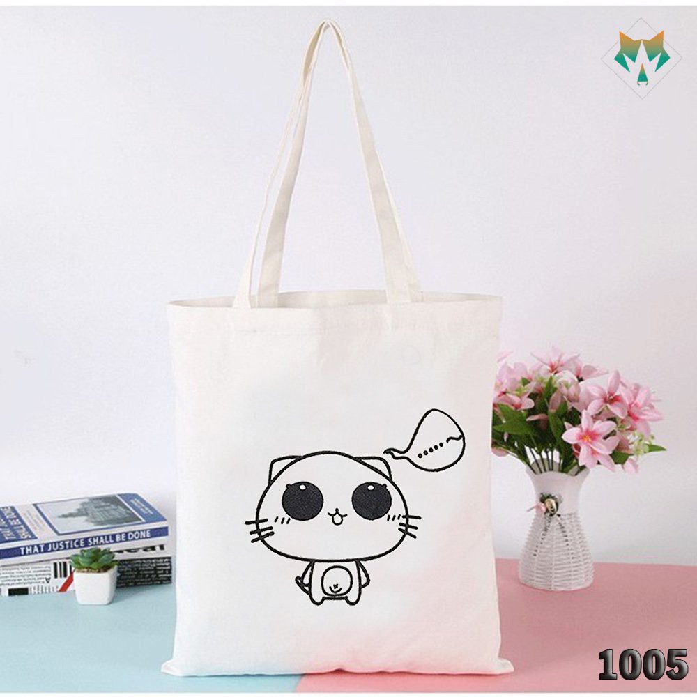 Túi Đeo Vai Tote Trắng Vải Canvas 1005 466 Chú Mèo Suy Tư Dạo Phố Cực Đẹp