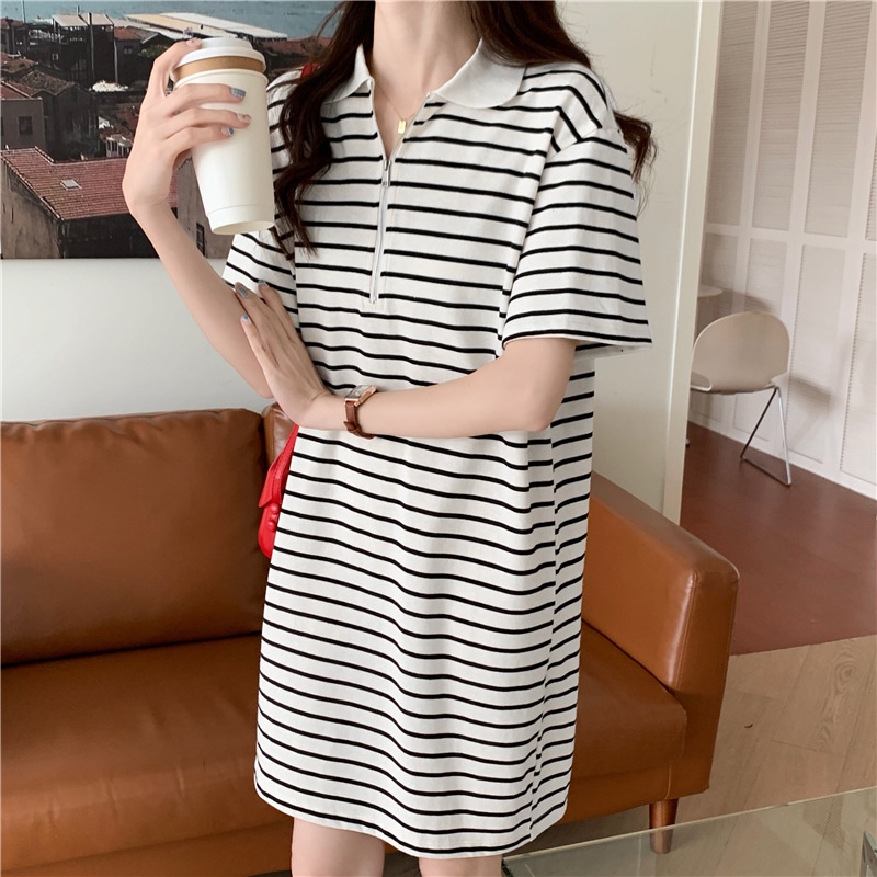 Đầm thun polo IELGY tay ngắn dáng rộng họa tiết kẻ sọc thời trang xinh xắn cho nữ