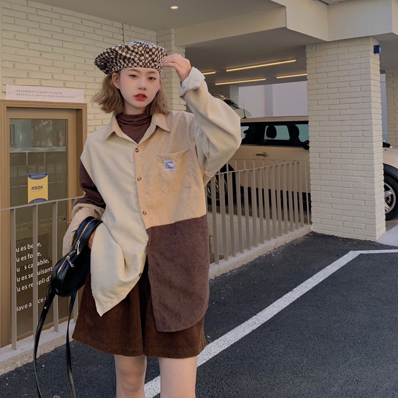 DIDIKA Áo Khoác Tay Dài Vải Nhung Phối Màu Tương Phản Thời Trang Mùa Thu Phong Cách Hàn Quốc Cho Nữ