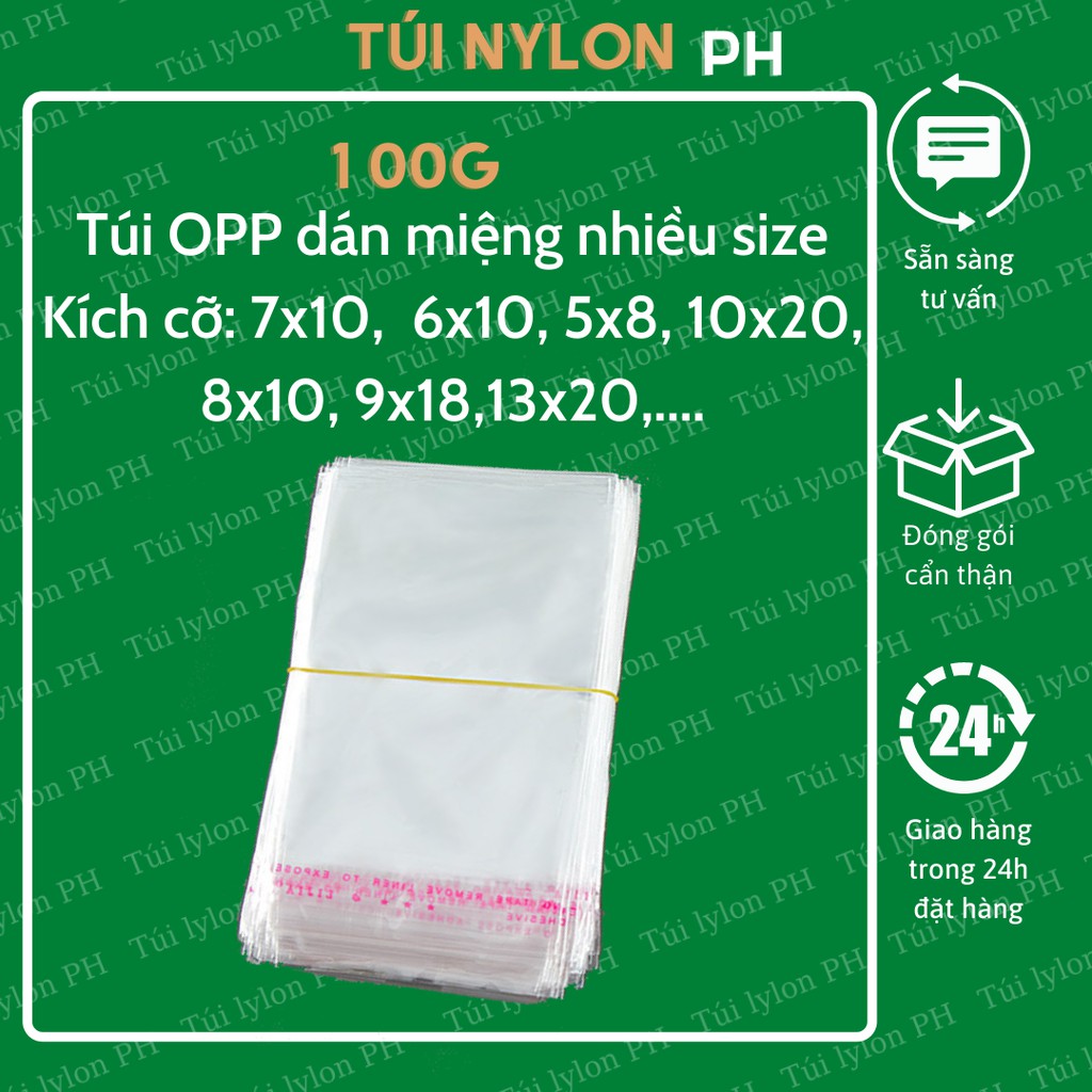 100g Túi  bóng kính OPP dán miệng đựng quần áo, trang sức,khẩu trang Hà Nội