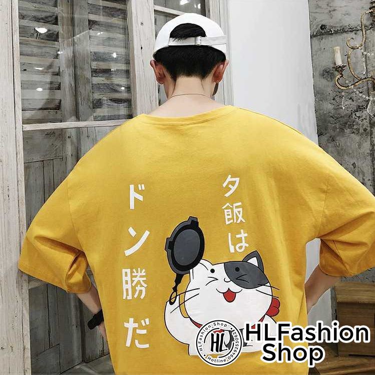 Áo thun tay lỡ form rộng con mèo nhật bản cầm cái chảo dễ thương đáng yêu, áo phông in HLFashion
