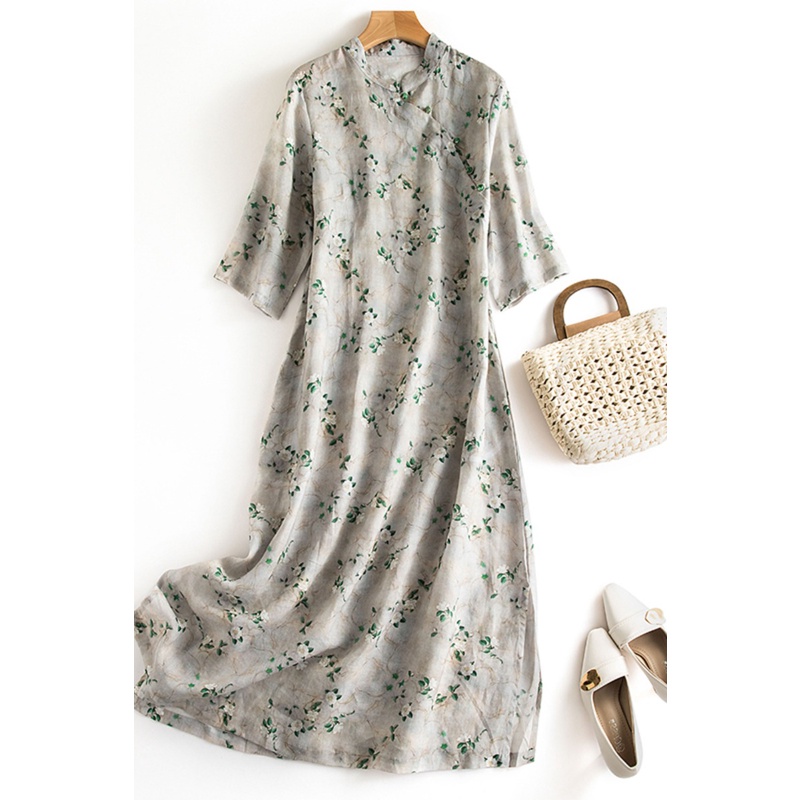 Đầm Sườn Xám Cách Tân Dáng Dài Bằng Vải Cotton Lanh In Hoa Phong Cách Trung Hoa Dành Cho Nữ