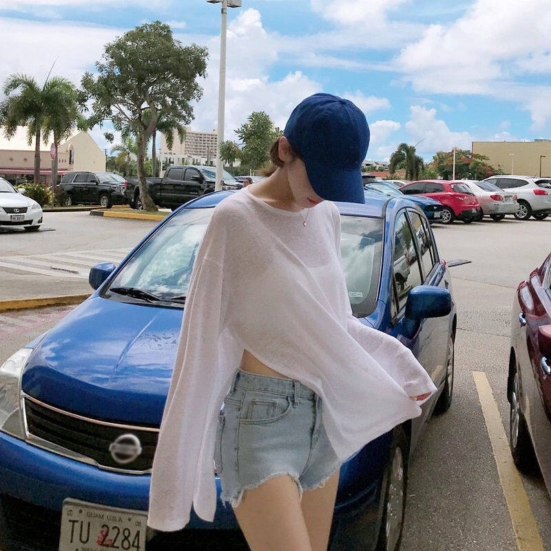 Áo thun IELGY tay dài dáng rộng xẻ tà thời trang mùa hè cho nữ