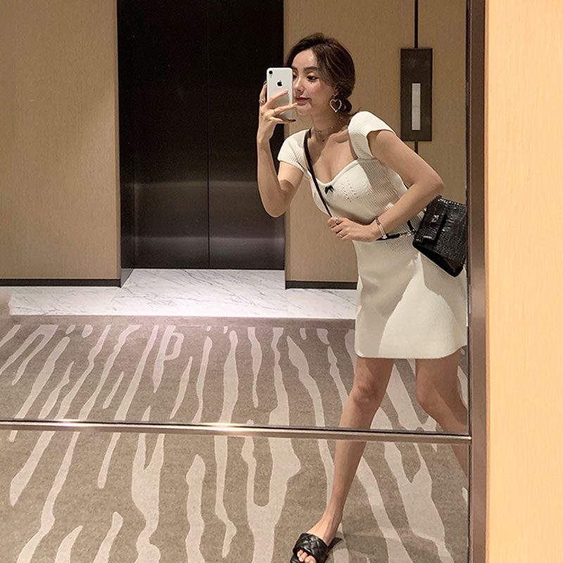 SUXI Đầm cổ vuông màu trơn phong cách retro pháp thanh lịch dành cho nữ