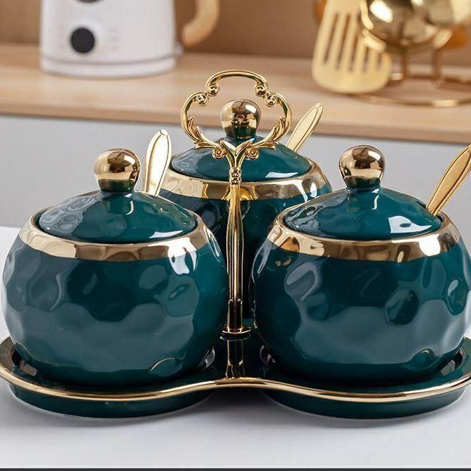 Bộ 3 hũ đựng gia vị bằng sứ cao cấp kèm khay và thìa vàng phong cách Bắc Âu