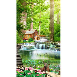 Tranh dán tường 3D phong cảnh khổ dọc - vải lụa kim tuyến