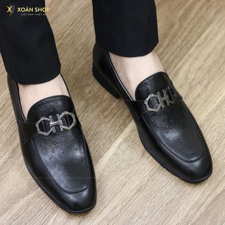 Giày lười da nam - Giày da nam công sở dập vân kết hợp đai - Đế cao su non cao 3cm, Mã g045 có 2 màu nâu và đen