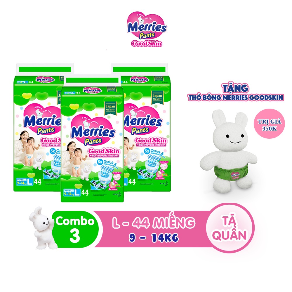 [Mã FMCGKAO52 giảm 8% đơn 250k] Combo 3 Tã quần Merries Goodskin đủ size M50/L44/XL38/XXL28