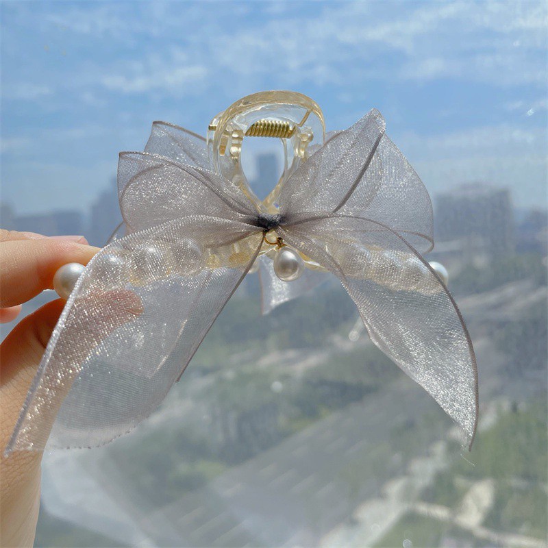 Kẹp tóc vải thắt nơ lưng đính ngọc trai phong cách hàn quốc cho nữ