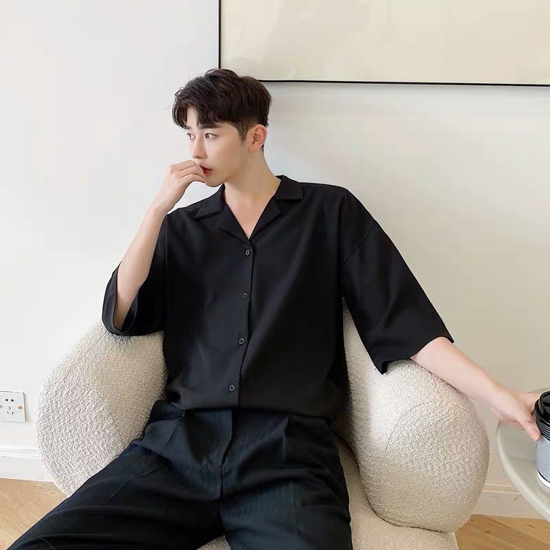 ÁO SƠMI LỤA ĐEN TRƠN CỔ VEST FORM UNISEX (có hình chụp thật) | BigBuy360 - bigbuy360.vn