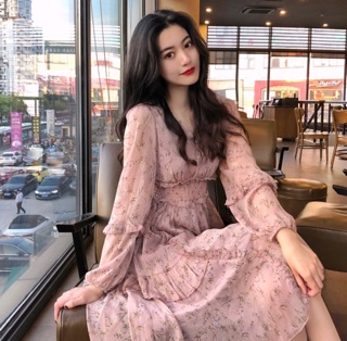 Đầm Maxi đi biển hoa văn bo eo