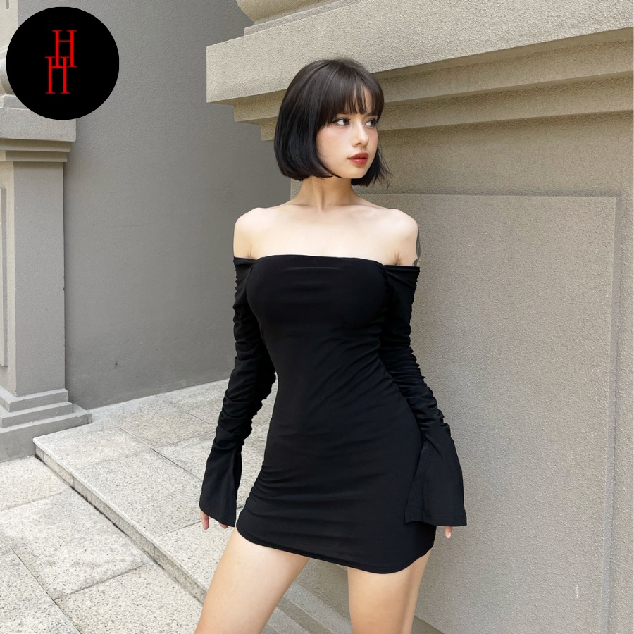 Đầm trễ vai tay dài màu nude &amp; đen váy body hở vai HDT275 Hỉn Hỉn Store