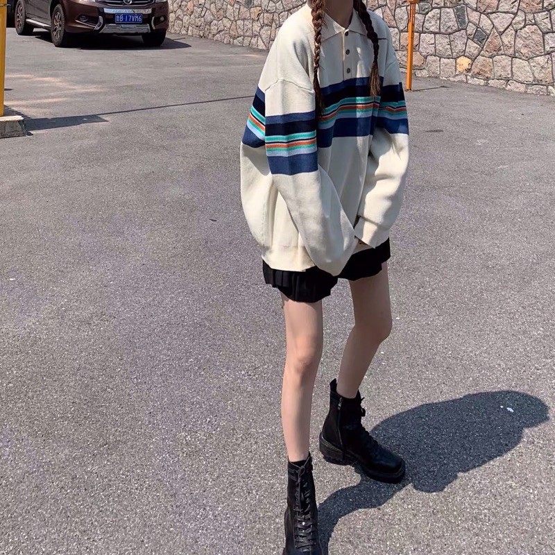 Áo sweater Polo Huzca sọc ngang tone lạnh style Hàn Quốc