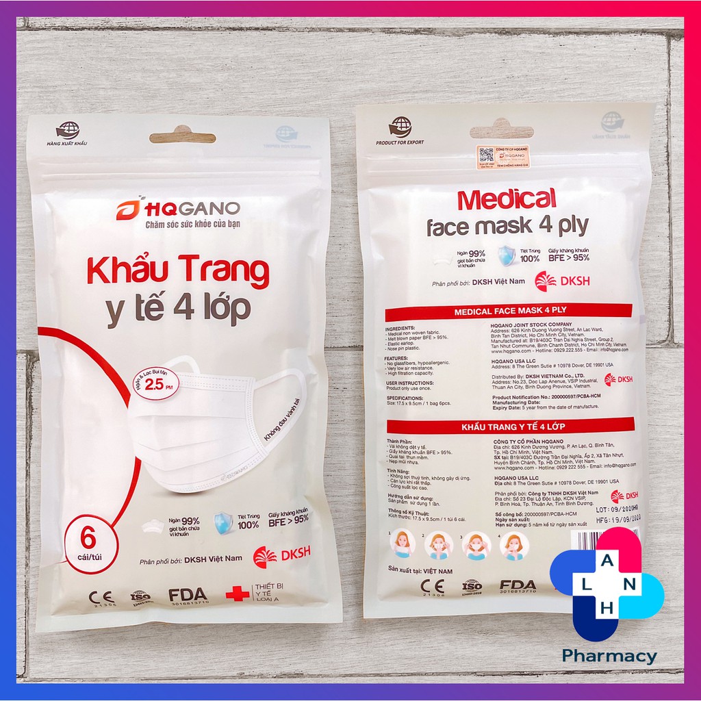 Khẩu trang HQGANO (Gói 6 cái) - Khẩu trang y tế 4 lớp hàng xuất khẩu.