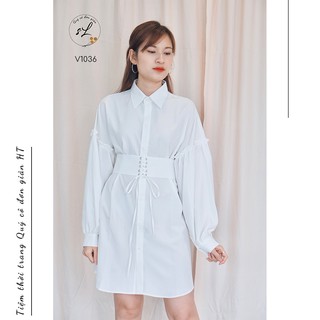 Váy sơ mi trắng dáng suông, kèm thắt đai dây eo, tay dài hơi phồng, mã V1036 (ảnh thật)
