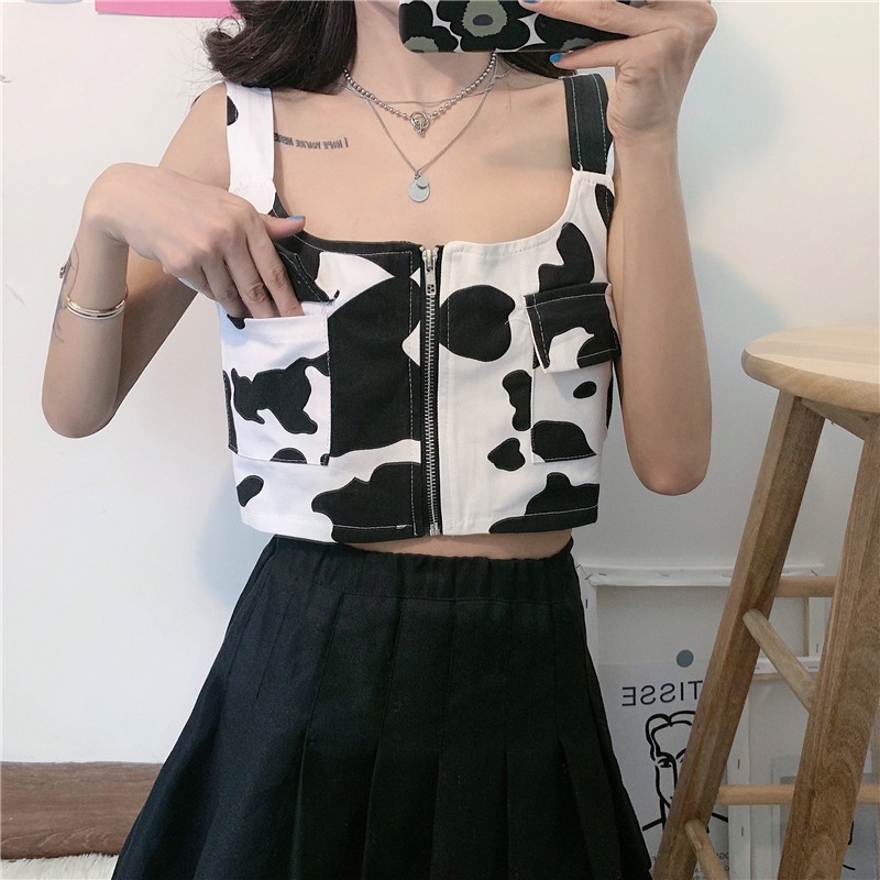 Áo 2 dây croptop sát nách trắng đen màu bò sữa có dây kéo giữa ulzzang